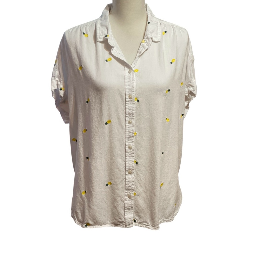 Time and Tru Women Embroidered Pineapple Camp Shirt White Large Tropical Summer